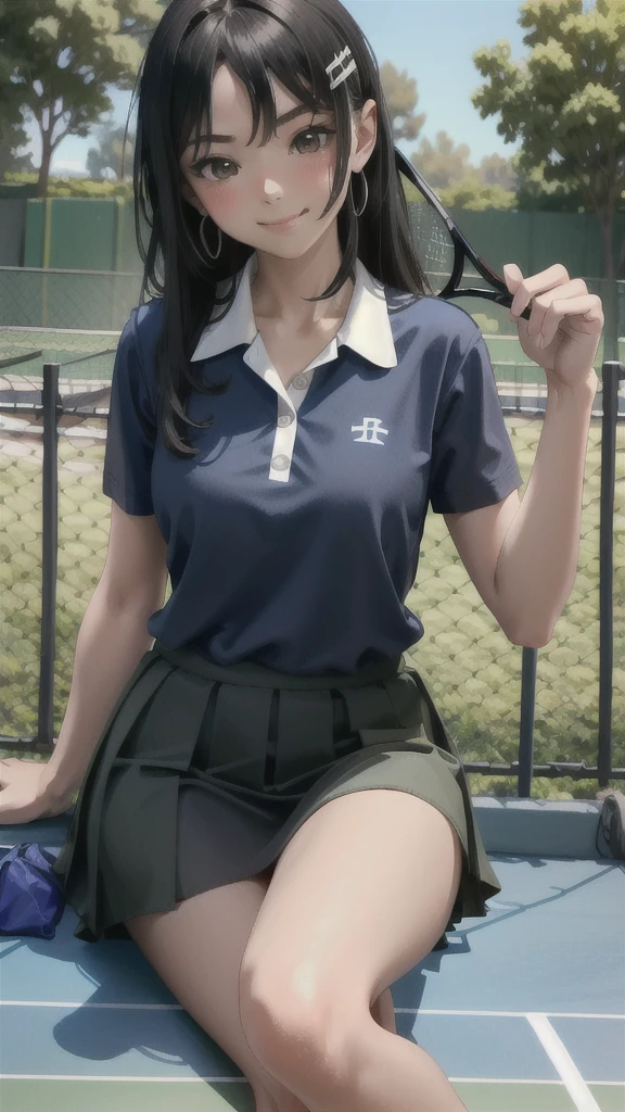 ((best quality)), ((masterpiece)), (details), single girl, sexy ((best quality)), ((masterpiece)), (details), single girl, sexy ((best quality)), ((masterpiece)), (details), single girl, full body, sexy expensive body, expensive, long legs, mature woman, mature, adult, it_nagatoro_main, Nagatoro Hayase, single girl, blushing, alone, blue polo shirt, short sleeves, tennis wear, white socks, black hair, brown eyes, hair accessory, looking at viewer, hair clip, smiling, long hair, dark skinned woman, dark skin, bangs, daytime, skirt, collared shirt, collarbone, ear clip, mouth closed, tree, asymmetrical bangs, upper body