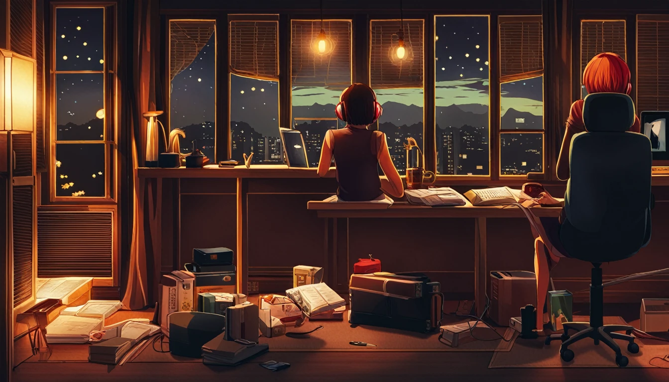 "Anime girl sitting in front of computer in cozy bedroom (landscape), listening to music with headphones in cozy room at night. Beautiful night view from rooftop window surrounded by a lot of things, 2D anime style, 90s anime aesthetic, lo-fi, highly detailed, with hard disk, mix of anime style and Fujifilm, hyperrealism, 8K, masterpiece."