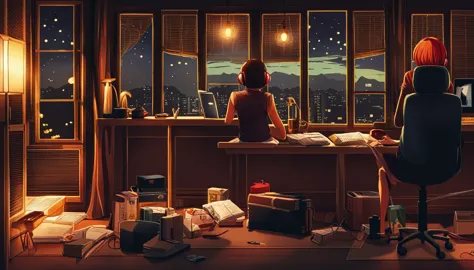 "anime girl sitting in front of computer in cozy bedroom (landscape), listening to music with headphones in cozy room at night. ...