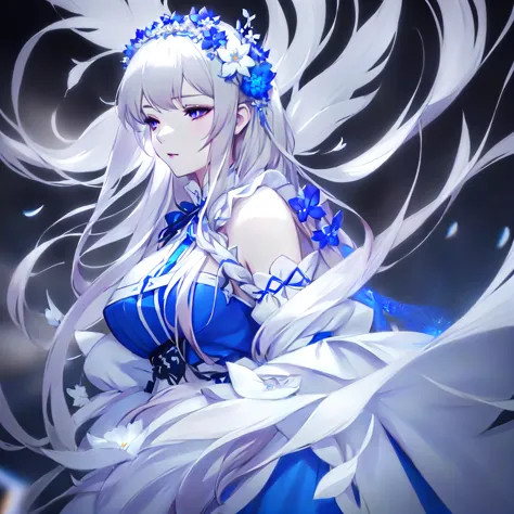 anime girl with long white hair and blue dress with white flowers, violet eyes., detailed fanart, [ artedigital 4k ]!!, highly d...