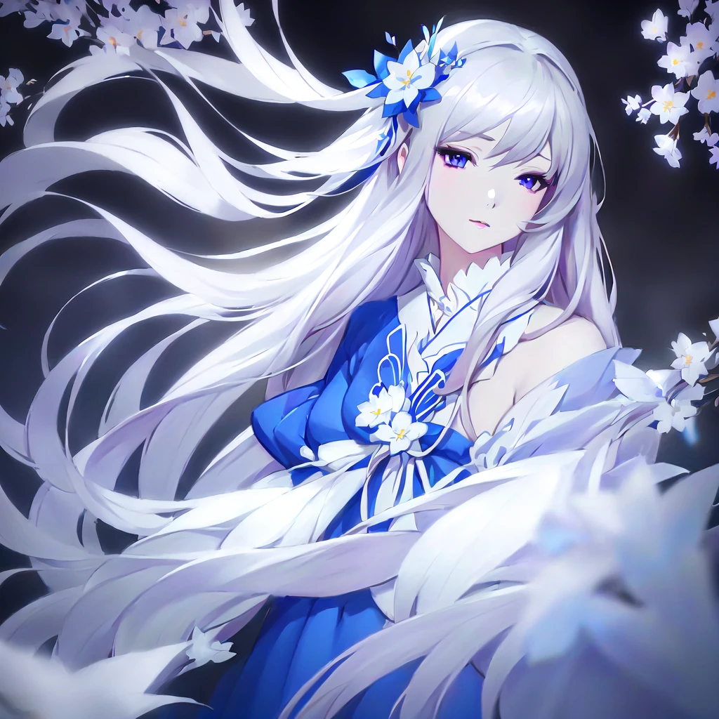 Anime girl with long white hair and blue dress with white flowers, violet eyes., detailed fanart, [ Artedigital 4K ]!!, highly detailed exquisite fanart, Digital art on Pixiv, detailed digital animated art, 8K high quality detailed art, digital animated art, guweiz style artwork, made with anime painter studio, ! dream art germ, fanart best art station