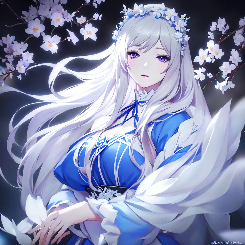 Anime girl with long white hair and blue dress with white flowers, violet eyes., detailed fanart, [ Artedigital 4K ]!!, highly detailed exquisite fanart, Digital art on Pixiv, detailed digital animated art, 8K high quality detailed art, digital animated art, guweiz style artwork, made with anime painter studio, ! dream art germ, fanart best art station