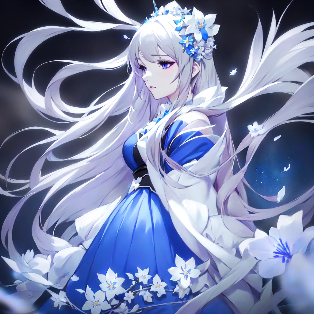 Anime girl with long white hair and blue dress with white flowers, violet eyes., detailed fanart, [ Artedigital 4K ]!!, highly detailed exquisite fanart, Digital art on Pixiv, detailed digital animated art, 8K high quality detailed art, digital animated art, guweiz style artwork, made with anime painter studio, ! dream art germ, fanart best art station