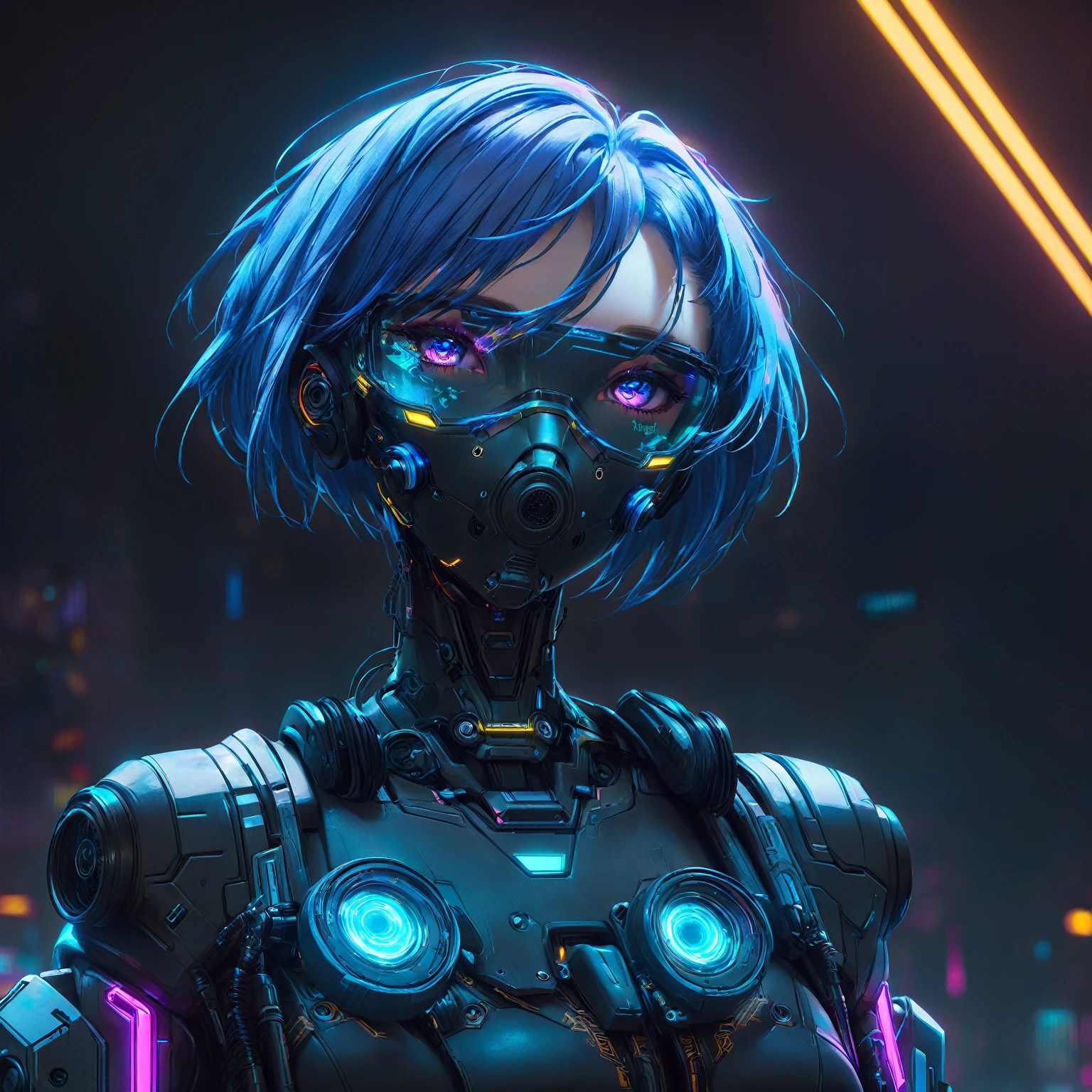 a close up of a woman in a gas mask with blue hair, cute cyborg girl, female cyberpunk anime girl, dreamy cyberpunk girl, cyberpunk art style, digital cyberpunk anime art, cyberpunk character, dark cyberpunk illustration, beautiful cyberpunk girl face, cyberpunk woman, advanced digital cyberpunk art, cyberpunk anime girl, cyberpunk robot, portrait of a cyberpunk cyborg, cyberpunk artstyle