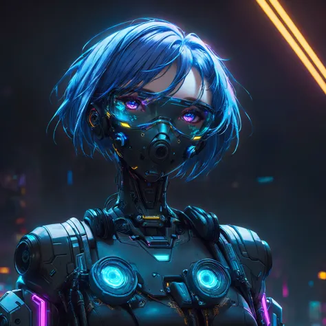 a close up of a woman in a gas mask with blue hair, cute cyborg girl, female cyberpunk anime girl, dreamy cyberpunk girl, cyberp...