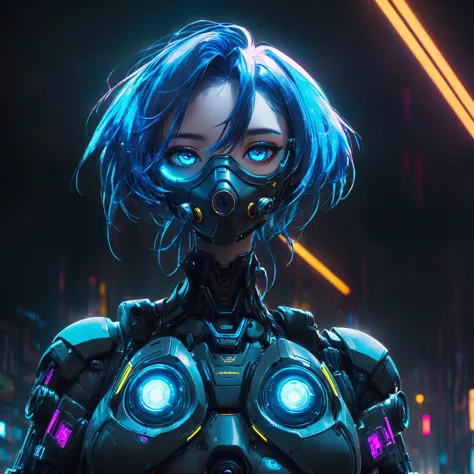 a close up of a woman in a gas mask with blue hair, cute cyborg girl, female cyberpunk anime girl, dreamy cyberpunk girl, cyberp...