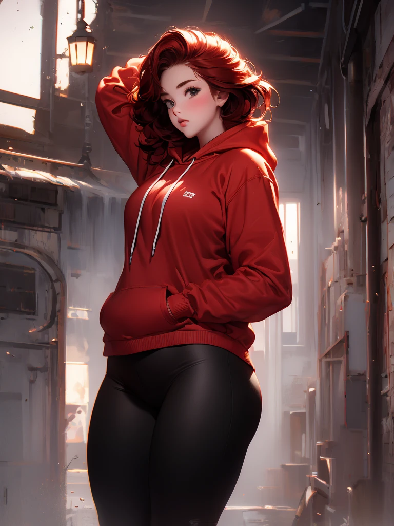 solo plump fat wide red hair woman wearnig a grey hoodie and leggings
