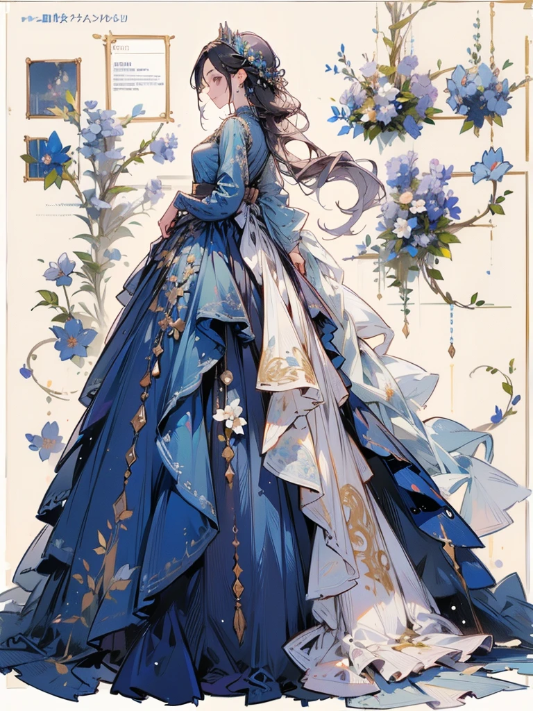 ((Top quality high resolution)), a drawing of a woman in blue gown with detailed art of fashion, 1girl, dress, long hair, blue dress, solo, jewelry, flower, earrings