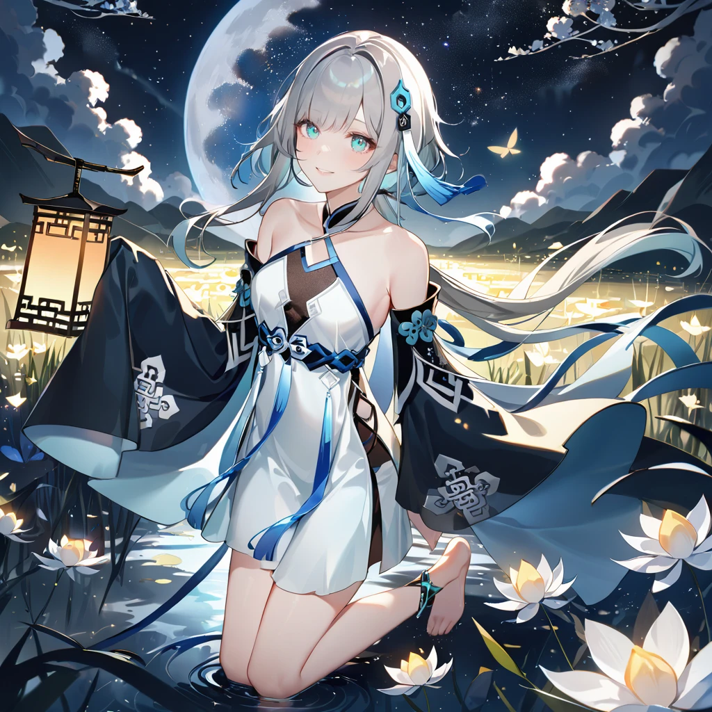 score_9, score_8_up, score_7_up, score_6_up,1girl, guizhong_\(genshin_impact\),(grey hair),short_hair_with_long_locks in front and low ponytail in back,gradient_hair,(pale grey eyes with seafoam gradient),starry_sky_print,detached_sleeves white outside blue starry inside, hands completely hidden by long sleeves,stunning field of softly glowing cerulean and white glaze lilies,night scene,gentle smile,face focus, eye focus,ladyshadow,moonlight,glossy lips,vivid anime coloring,cel shading,smooth, soft dreamy focus,anklet,halter_top,white clothes,highly detailed,digital painting,bare_shoulders,barefoot,cool night tones, magical night scene,geo crystalflies,professional,anemo colored fireflies,nebula of stardust and silvery vapor,harmonious blend of nature and art,transcendent beauty,awe-inspiring artwork,(best quality,4k,8k,highres,masterpiece:1.2),yunamaro,carnelian,dsmile,cosmic stardust,guizhong, guizhong's def clothes, 1girl, long hair, blue eyes, barefoot, guizhong's dress, hair ornament, chinese clothes, sleeves past fingers,