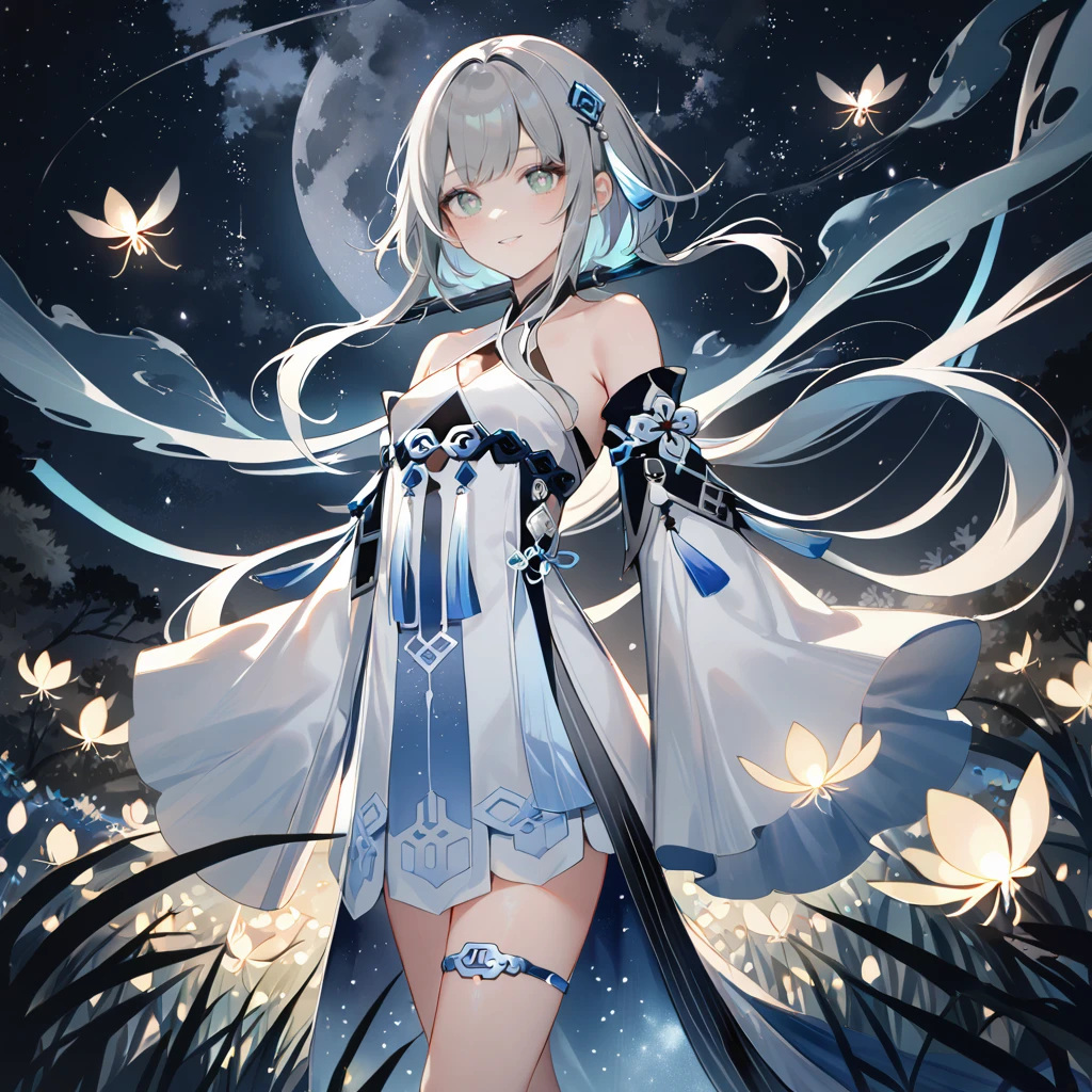 score_9, score_8_up, score_7_up, score_6_up,1girl, guizhong_\(genshin_impact\),(grey hair),short_hair_with_long_locks in front and low ponytail in back,gradient_hair,(pale grey eyes with seafoam gradient),starry_sky_print,detached_sleeves white outside blue starry inside, hands completely hidden by long sleeves,stunning field of softly glowing cerulean and white glaze lilies,night scene,gentle smile,face focus, eye focus,ladyshadow,moonlight,glossy lips,vivid anime coloring,cel shading,smooth, soft dreamy focus,anklet,halter_top,white clothes,highly detailed,digital painting,bare_shoulders,barefoot,cool night tones, magical night scene,geo crystalflies,professional,anemo colored fireflies,nebula of stardust and silvery vapor,harmonious blend of nature and art,transcendent beauty,awe-inspiring artwork,(best quality,4k,8k,highres,masterpiece:1.2),yunamaro,carnelian,dsmile,cosmic stardust,guizhong, guizhong's def clothes, 1girl, long hair, blue eyes, barefoot, guizhong's dress, hair ornament, chinese clothes, sleeves past fingers,