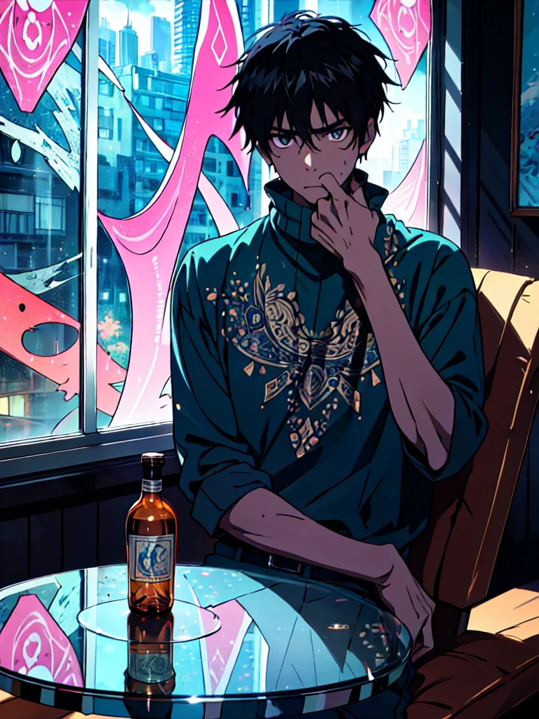 A tormented young Indian man, seated by his window amidst a kaleidoscope of colorful decor, his face etched with anguish, clutching a phone in one hand and a cigarette in the other. His table is adorned with a single bottle, the scene glowing with a luminous, liquid foil gradient mimicking an anime style, with subtle zentangle patterns subconsciously drawing the viewer's eye towards the desolate figure.