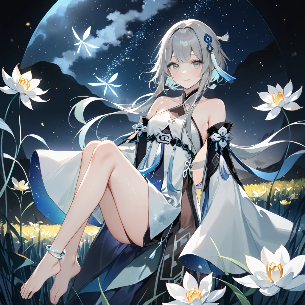 score_9, score_8_up, score_7_up, score_6_up,1girl, guizhong_\(genshin_impact\),(grey hair),short_hair_with_long_locks in front and low ponytail in back,gradient_hair,(pale grey eyes with seafoam gradient),starry_sky_print,detached_sleeves white outside blue starry inside, hands completely hidden by long sleeves,stunning field of softly glowing cerulean and white glaze lilies,night scene,gentle smile,face focus, eye focus,ladyshadow,moonlight,glossy lips,vivid anime coloring,cel shading,smooth, soft dreamy focus,anklet,halter_top,white clothes,highly detailed,digital painting,bare_shoulders,barefoot,cool night tones, magical night scene,geo crystalflies,professional,anemo colored fireflies,nebula of stardust and silvery vapor,harmonious blend of nature and art,transcendent beauty,awe-inspiring artwork,(best quality,4k,8k,highres,masterpiece:1.2),yunamaro,carnelian,dsmile,cosmic stardust,guizhong, guizhong's def clothes, 1girl, long hair, blue eyes, barefoot, guizhong's dress, hair ornament, chinese clothes, sleeves past fingers,