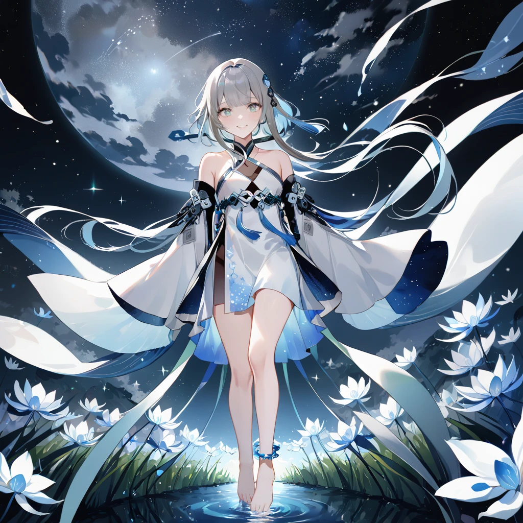 score_9, score_8_up, score_7_up, score_6_up,1girl, guizhong_\(genshin_impact\),(grey hair),short_hair_with_long_locks in front and low ponytail in back,gradient_hair,(pale grey eyes with seafoam gradient),starry_sky_print,detached_sleeves white outside blue starry inside, hands completely hidden by long sleeves,stunning field of softly glowing cerulean and white glaze lilies,night scene,gentle smile,face focus, eye focus,ladyshadow,moonlight,glossy lips,vivid anime coloring,cel shading,smooth, soft dreamy focus,anklet,halter_top,white clothes,highly detailed,digital painting,bare_shoulders,barefoot,cool night tones, magical night scene,geo crystalflies,professional,anemo colored fireflies,nebula of stardust and silvery vapor,harmonious blend of nature and art,transcendent beauty,awe-inspiring artwork,(best quality,4k,8k,highres,masterpiece:1.2),yunamaro,carnelian,dsmile,cosmic stardust,guizhong, guizhong's def clothes, 1girl, long hair, blue eyes, barefoot, guizhong's dress, hair ornament, chinese clothes, sleeves past fingers,