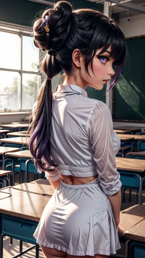 keqing \(genshin impact\), pale purple hair, twintails, purple eye, cone hair bun, double bun, crossed bangs, ((ultra-detailed))...