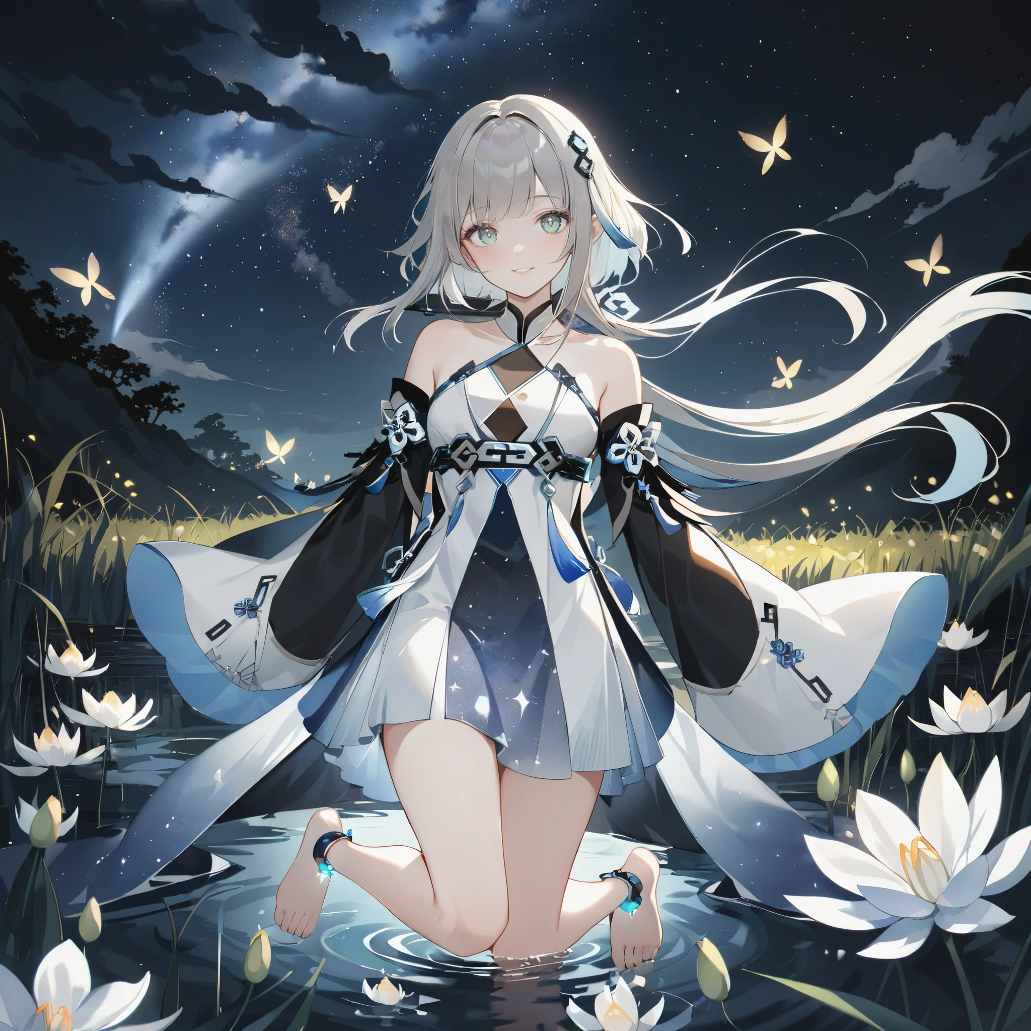 score_9, score_8_up, score_7_up, score_6_up,1girl, guizhong_\(genshin_impact\),(grey hair),short_hair_with_long_locks in front and low ponytail in back,gradient_hair,(pale grey eyes with seafoam gradient),starry_sky_print,detached_sleeves white outside blue starry inside, hands completely hidden by long sleeves,stunning field of softly glowing cerulean and white glaze lilies,night scene,gentle smile,face focus, eye focus,ladyshadow,moonlight,glossy lips,vivid anime coloring,cel shading,smooth, soft dreamy focus,anklet,halter_top,white clothes,highly detailed,digital painting,bare_shoulders,barefoot,cool night tones, magical night scene,geo crystalflies,professional,anemo colored fireflies,nebula of stardust and silvery vapor,harmonious blend of nature and art,transcendent beauty,awe-inspiring artwork,(best quality,4k,8k,highres,masterpiece:1.2),yunamaro,carnelian,dsmile,cosmic stardust,guizhong, guizhong's def clothes, 1girl, long hair, blue eyes, barefoot, guizhong's dress, hair ornament, chinese clothes, sleeves past fingers,