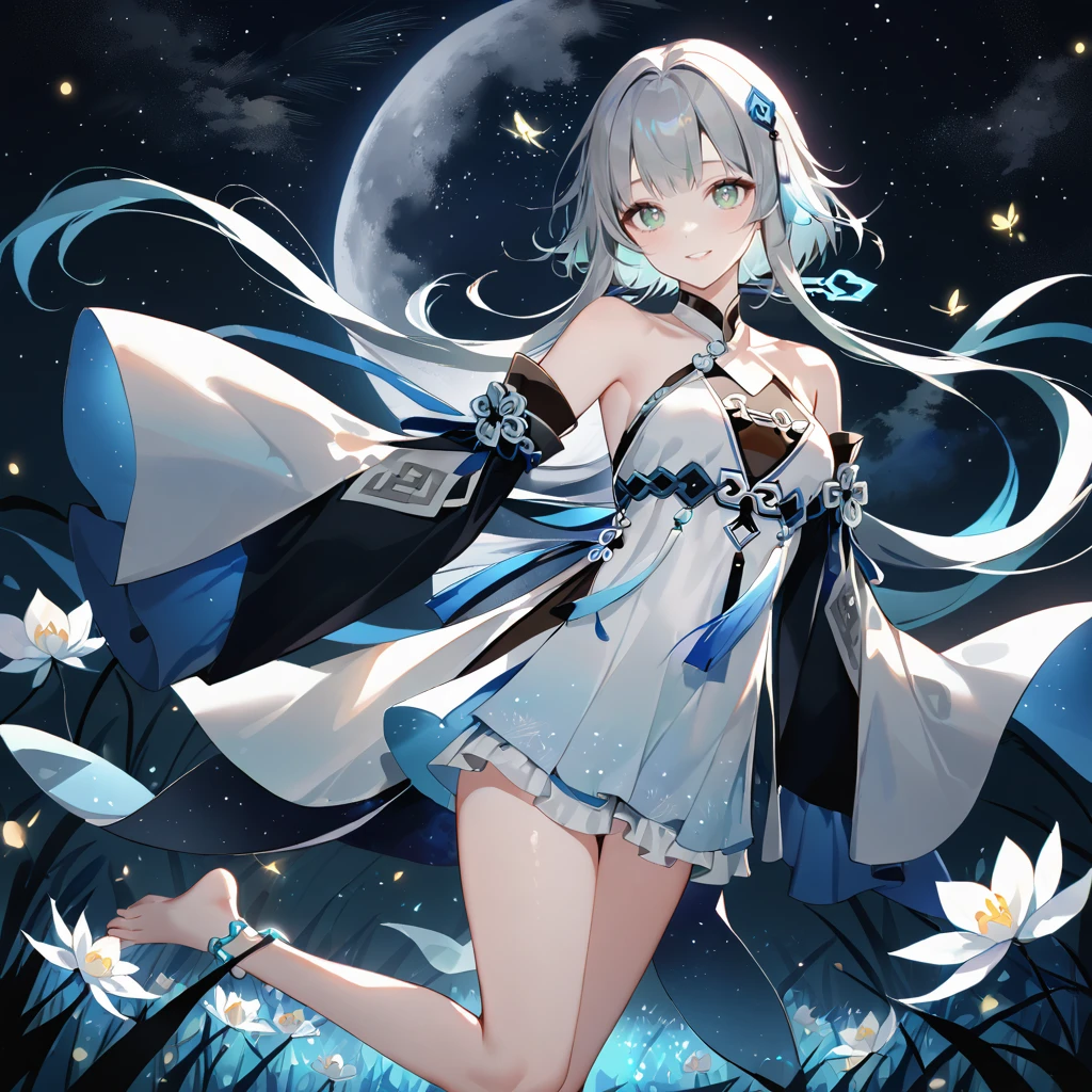 score_9, score_8_up, score_7_up, score_6_up,1girl, guizhong_\(genshin_impact\),(grey hair),short_hair_with_long_locks in front and low ponytail in back,gradient_hair,(pale grey eyes with seafoam gradient),starry_sky_print,detached_sleeves white outside blue starry inside, hands completely hidden by long sleeves,stunning field of softly glowing cerulean and white glaze lilies,night scene,gentle smile,face focus, eye focus,ladyshadow,moonlight,glossy lips,vivid anime coloring,cel shading,smooth, soft dreamy focus,anklet,halter_top,white clothes,highly detailed,digital painting,bare_shoulders,barefoot,cool night tones, magical night scene,geo crystalflies,professional,anemo colored fireflies,nebula of stardust and silvery vapor,harmonious blend of nature and art,transcendent beauty,awe-inspiring artwork,(best quality,4k,8k,highres,masterpiece:1.2),yunamaro,carnelian,dsmile,cosmic stardust,guizhong, guizhong's def clothes, 1girl, long hair, blue eyes, barefoot, guizhong's dress, hair ornament, chinese clothes, sleeves past fingers,