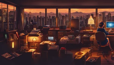 "anime girl sitting in front of computer in cozy bedroom (landscape), listening to music with headphones in cozy room at night. ...