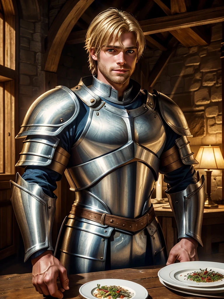 (highly detailed, detailed eyes, soft light, photorealistic, realistic light; cinematic) gorgeous 28-year-old male medieval knight with blond hair wearing full-plate armor looking over his shoulder with longing, looking at camera, expression of vulnerable longing.