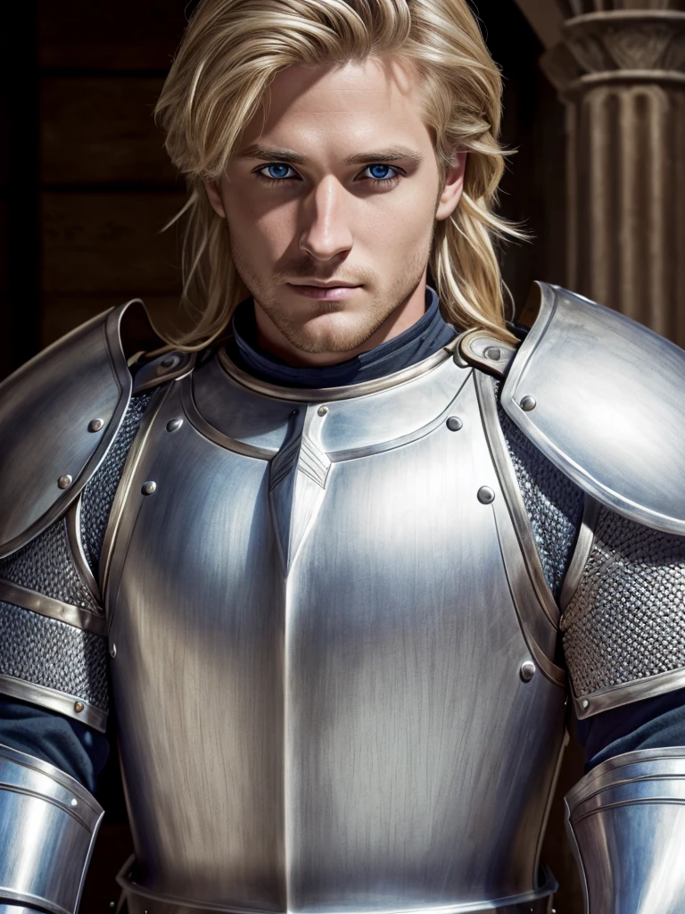 (highly detailed, detailed eyes, soft light, photorealistic, realistic light; cinematic) gorgeous 28-year-old male medieval knight with blond hair wearing full-plate armor looking over his shoulder with longing, looking at camera, expression of vulnerable longing.