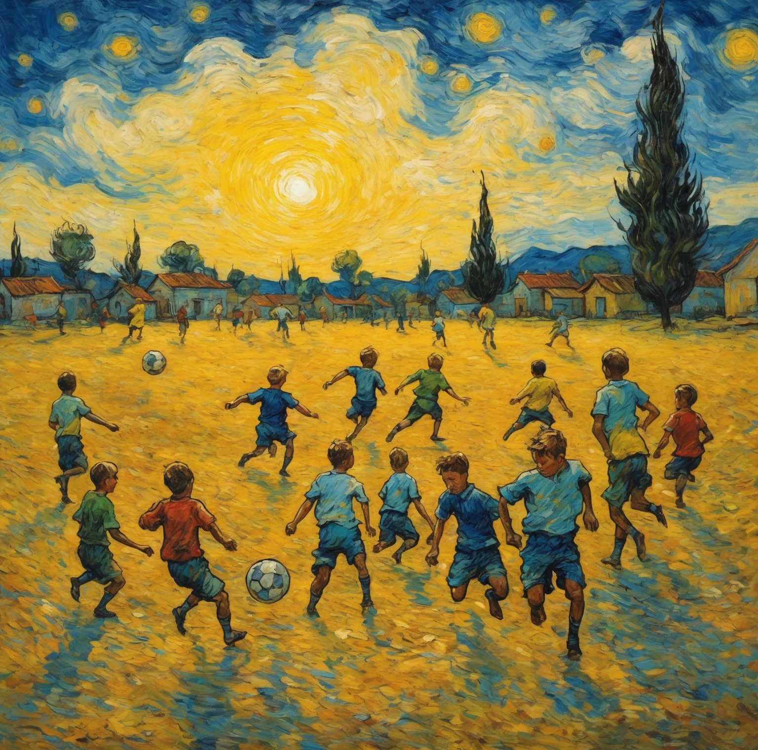 uma pintura de vários meninos jogando futebol em um campo de terra em uma vila, estilo de arte van gogh, estilo Van Gogh, vincent estilo Van Gogh, in estilo de Van Gogh, estilo de Van Gogh, pintura de van gogh, inspirado em Vincent Di Fate, vincent pintura de van gogh, Inspirado em Van Gogh, inspirado em Vincent Van Gogh, Estilo Vincent Van Gogh, neo - impressionist surrealism