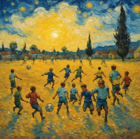 a painting of several boys playing football on a dirt field in a village, Van Gogh art style, Van Gogh style, vincent Van Gogh s...