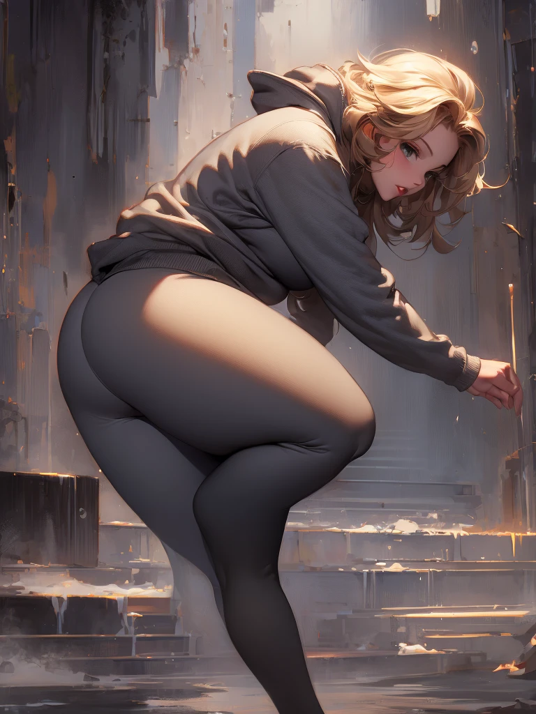 solo plump fat wide blonde woman wearnig a grey hoodie and leggings
