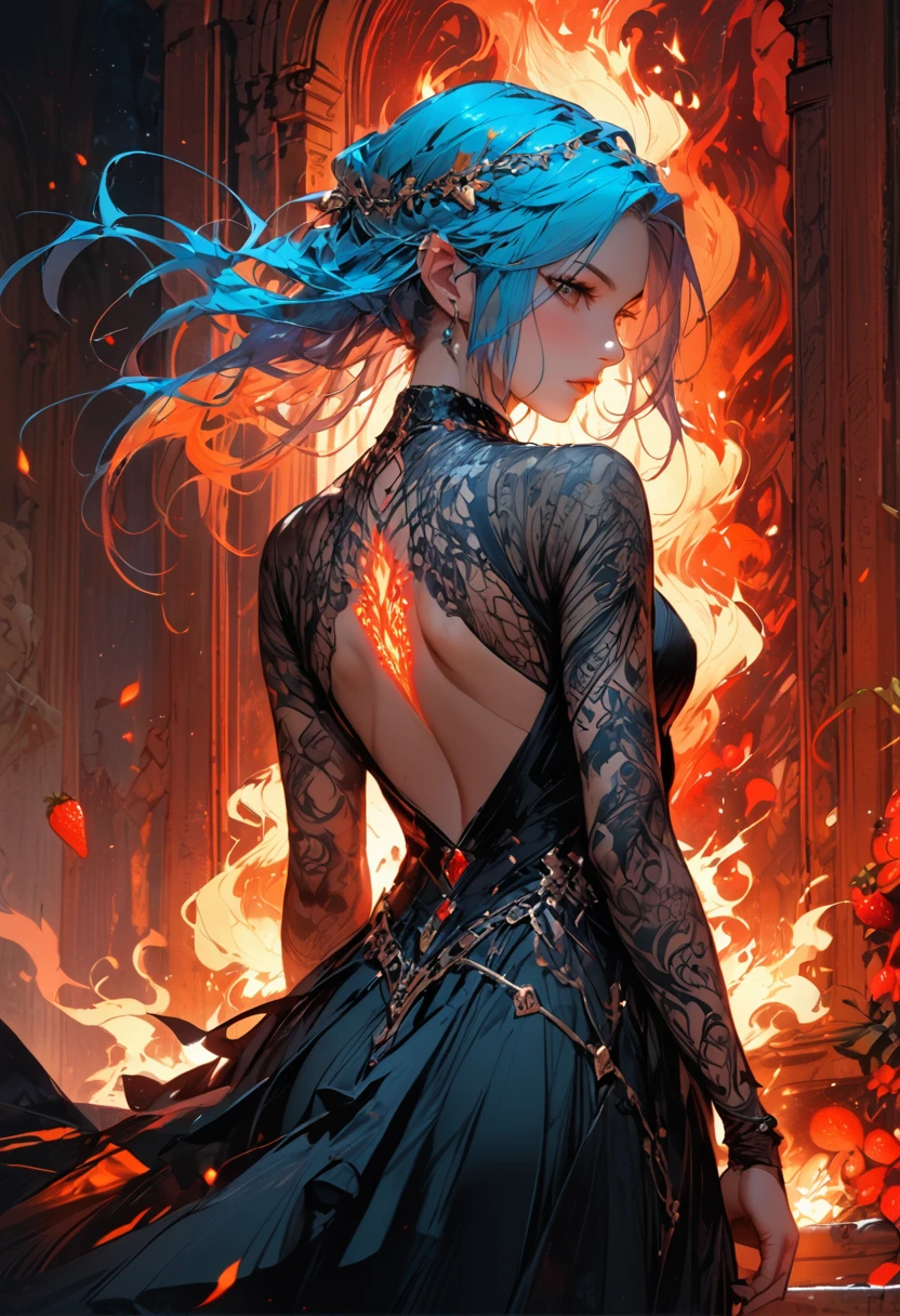 Arafed, Dark fantasy art, fantasy art, goth art, a picture of a tattoo on the back of a female elf, a glowing tattoo of a ((strawberry: 1.3)) on the elf's back, the ((strawberry tattoo)) is vivid, intricate detailed  GlowingRunesAI_red, ((fire surrounds the strawberry: 1.5)), shoot taken from the back, ((the back is visible: 1.3), she wears a transparent black dress, the dress is elegant, flowing, elven style, that the tattoos glow, dynamic hair color, dynamic hair style,  vibrant, Ultra-high resolution, High Contrast, (masterpiece:1.5), highest quality, Best aesthetics), best details, best quality, highres, 16k, (ultra detailed: 1.5), masterpiece, best quality, (extremely detailed) RAW, (ultra details, Masterpiece, best quality) faize, Digital Painting, 