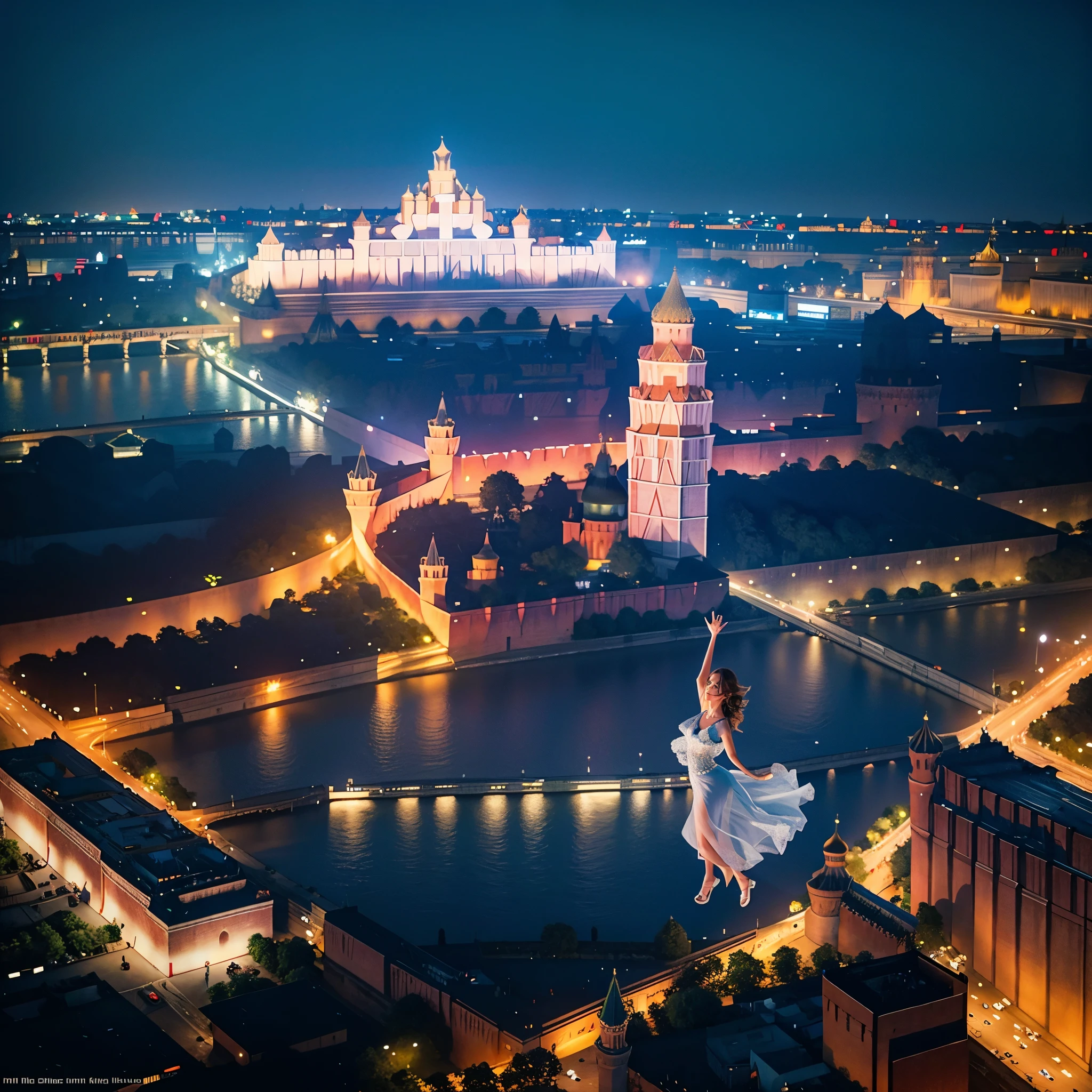 blue sky, evening light, (Aerial View of Kremlin complex of buildings:1.6), (young Beautiful woman is dancing in the Air), she wears long white thin silk dress, skin exposure is minimum, her beautiful and cute face, wide angle lens f/2.8, ultra insane high resolution intricate textures, texture indentation, perfect perspective, perfect geometry, the solar system in another dimension, other worlds, fire all around, energy fields, (luminism), ultra detailed busy background, tessellation, maximalism, perfectionism, IPA Award wining masterpiece