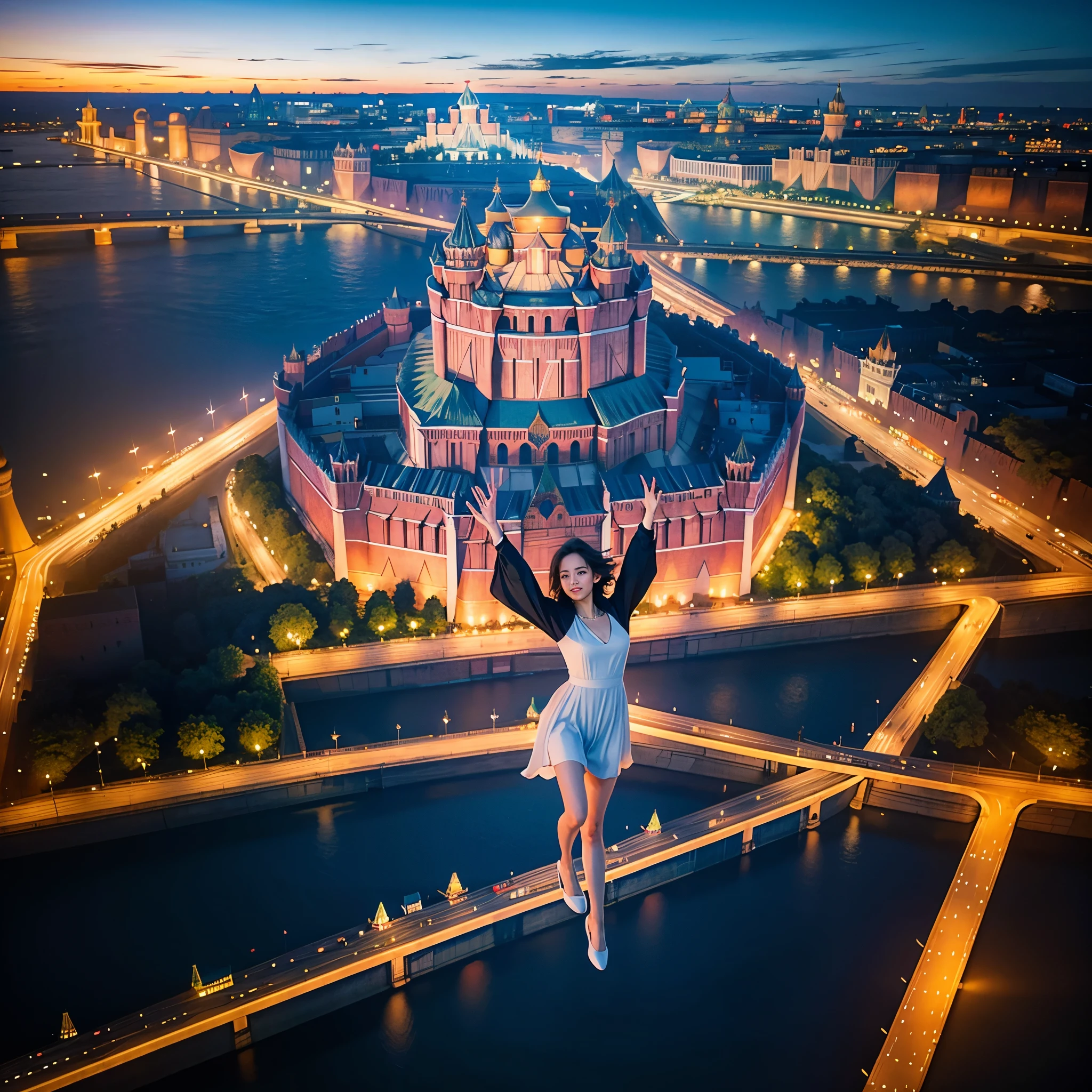 blue sky, evening light, (Aerial View of Kremlin complex of buildings:1.6), (young Beautiful woman is dancing in the Air), she wears long white thin silk dress, skin exposure is minimum, her beautiful and cute face, wide angle lens f/2.8, ultra insane high resolution intricate textures, texture indentation, perfect perspective, perfect geometry, the solar system in another dimension, other worlds, fire all around, energy fields, (luminism), ultra detailed busy background, tessellation, maximalism, perfectionism, IPA Award wining masterpiece