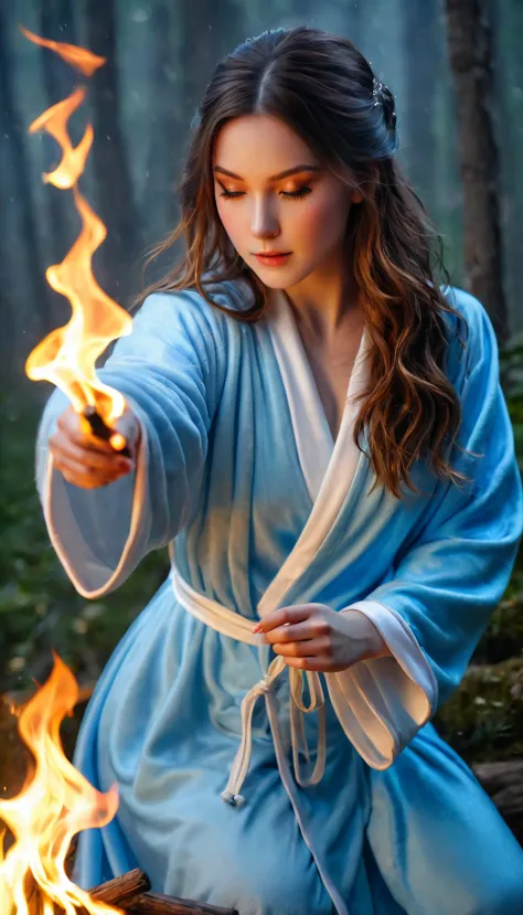 highest quality realistic photos, skin texture, hair texture, magical girl, wearing a light blue robe, casting a fire spell