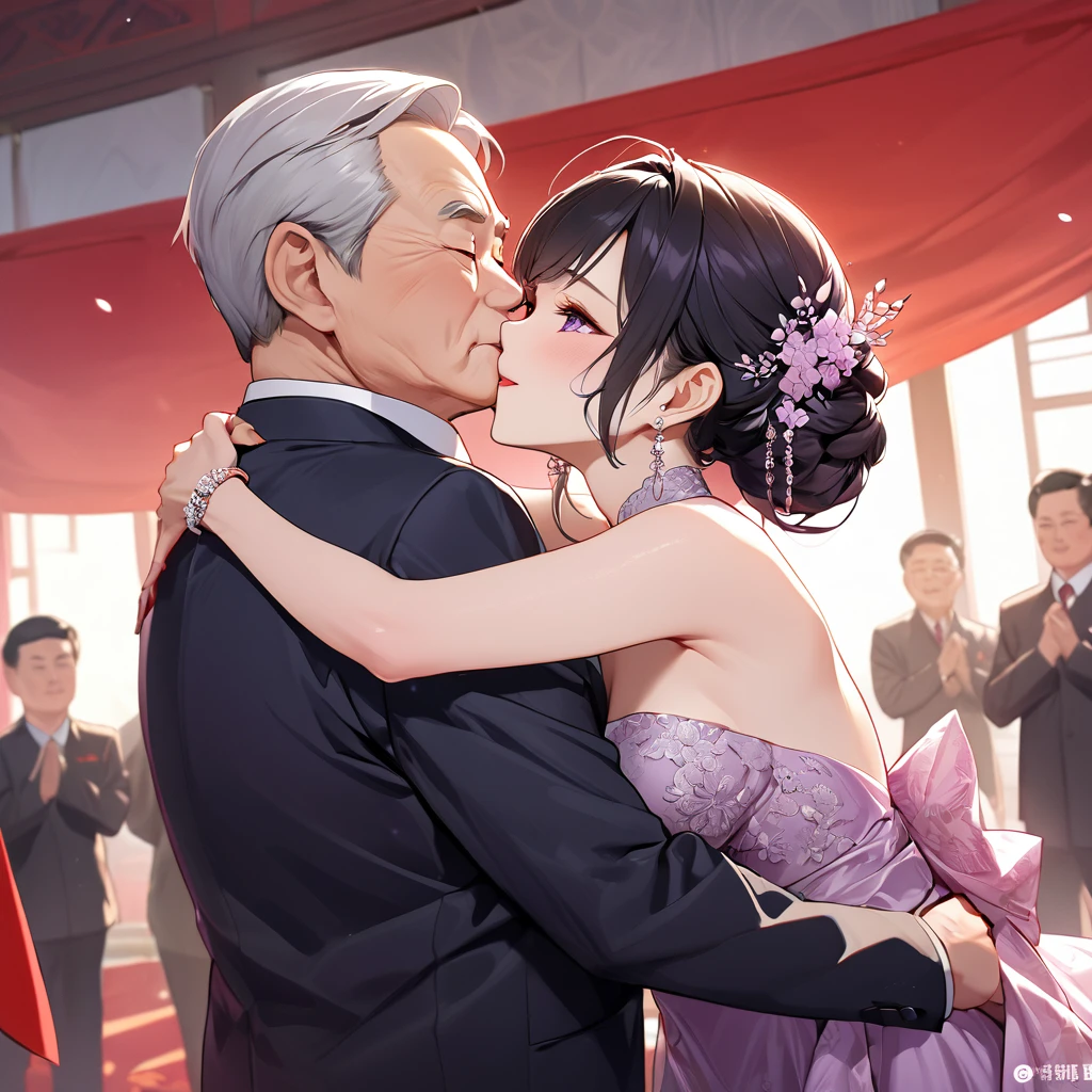 ((Highest quality)), ((masterpiece)), (detailed), （Perfect Face）、The woman is a Chinese woman named Kocho Shinobu.。, Purple gradient bob black hair and formal evening hairstyles. She is wearing an engagement ring. She is a prominent member of the Chinese Communist Party.、She is the wife of a great old Communist Party official.、The woman is wearing a gorgeous red wedding dress that is typical of the Chinese Communist Party.、She is seen in a passionate wedding ceremony with a dignified elderly Communist Party official, embracing him passionately and kissing him in a deep vow.。A loving Chinese Communist couple