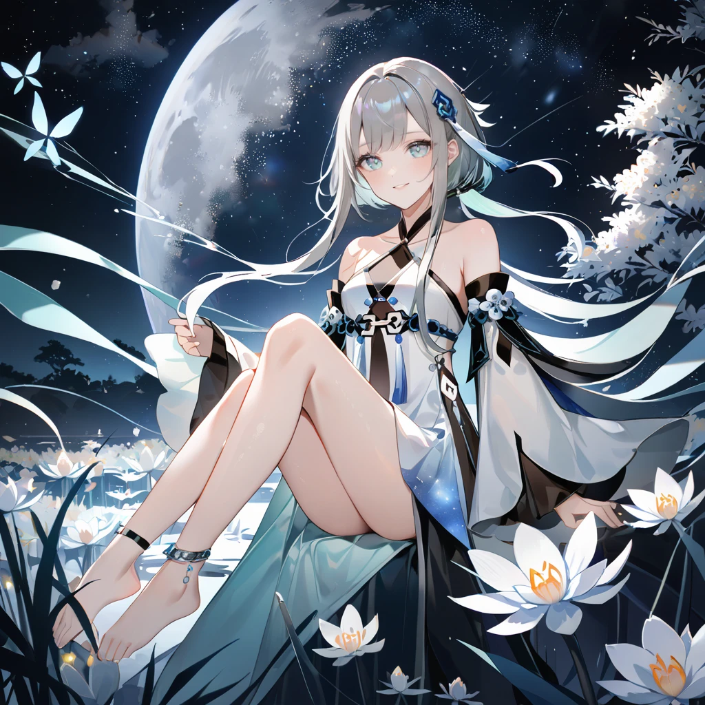 score_9, score_8_up, score_7_up, score_6_up,1girl, guizhong_\(genshin_impact\),(grey hair),short_hair_with_long_locks in front and low ponytail in back,gradient_hair,(pale grey eyes with seafoam gradient),starry_sky_print,detached_sleeves white outside blue starry inside, hands completely hidden by long sleeves,stunning field of softly glowing cerulean and white glaze lilies,night scene,gentle smile,face focus, eye focus,ladyshadow,moonlight,glossy lips,vivid anime coloring,cel shading,smooth, soft dreamy focus,anklet,halter_top,white clothes,highly detailed,digital painting,bare_shoulders,barefoot,cool night tones, magical night scene,geo crystalflies,professional,anemo colored fireflies,nebula of stardust and silvery vapor,harmonious blend of nature and art,transcendent beauty,awe-inspiring artwork,(best quality,4k,8k,highres,masterpiece:1.2),yunamaro,carnelian,dsmile,cosmic stardust,guizhong, guizhong's def clothes, 1girl, long hair, blue eyes, barefoot, guizhong's dress, hair ornament, chinese clothes, sleeves past fingers,