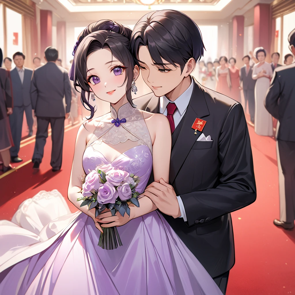 ((Highest quality)), ((masterpiece)), (detailed), （Perfect Face）、The woman is a Chinese woman named Kocho Shinobu.。, Purple gradient bob black hair and formal evening hairstyles. She is wearing an engagement ring. She is a prominent member of the Chinese Communist Party.、She is the wife of a great old Communist Party official.、The woman is wearing a gorgeous red wedding dress that is typical of the Chinese Communist Party.、She walked side by side with a dignified elderly Communist Party official down the red carpet aisle in a loving wedding ceremony.。A loving Chinese Communist couple