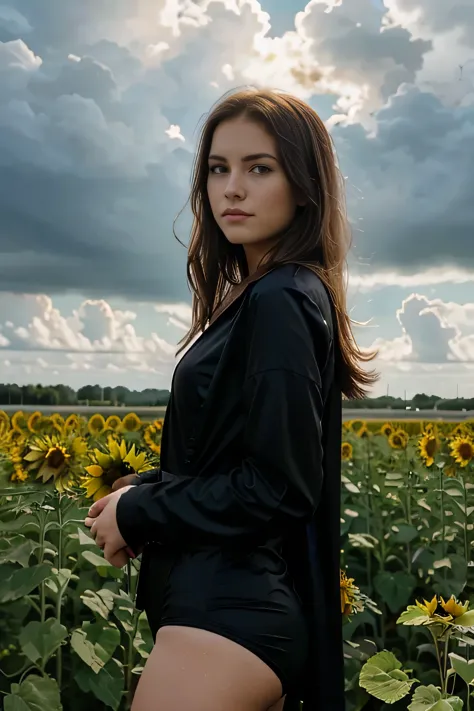 brunette in black one piece in field of sunflowers with cloudy sky, blonde, 21 years old, slight smile