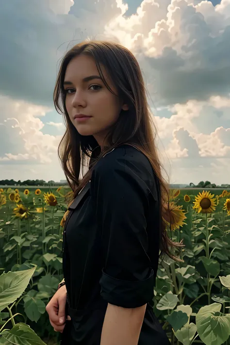 brunette in black one piece in field of sunflowers with cloudy sky, blonde, 21 years old, slight smile