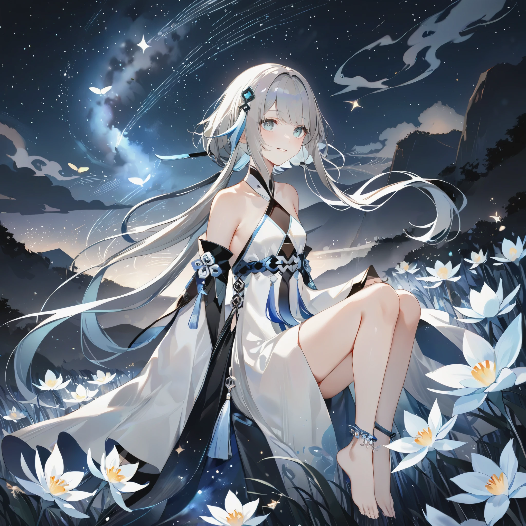 score_9, score_8_up, score_7_up, score_6_up,1girl, guizhong_\(genshin_impact\),(grey hair),short_hair_with_long_locks in front and low ponytail in back,gradient_hair,(pale grey eyes with seafoam gradient),starry_sky_print,detached_sleeves white outside blue starry inside, hands completely hidden by long sleeves,stunning field of softly glowing cerulean and white glaze lilies,night scene,gentle smile,face focus, eye focus,ladyshadow,moonlight,glossy lips,vivid anime coloring,cel shading,smooth, soft dreamy focus,anklet,halter_top,white clothes,highly detailed,digital painting,bare_shoulders,barefoot,cool night tones, magical night scene,geo crystalflies,professional,anemo colored fireflies,nebula of stardust and silvery vapor,harmonious blend of nature and art,transcendent beauty,awe-inspiring artwork,(best quality,4k,8k,highres,masterpiece:1.2),yunamaro,carnelian,dsmile,cosmic stardust,guizhong, guizhong's def clothes, 1girl, long hair, blue eyes, barefoot, guizhong's dress, hair ornament, chinese clothes, sleeves past fingers,