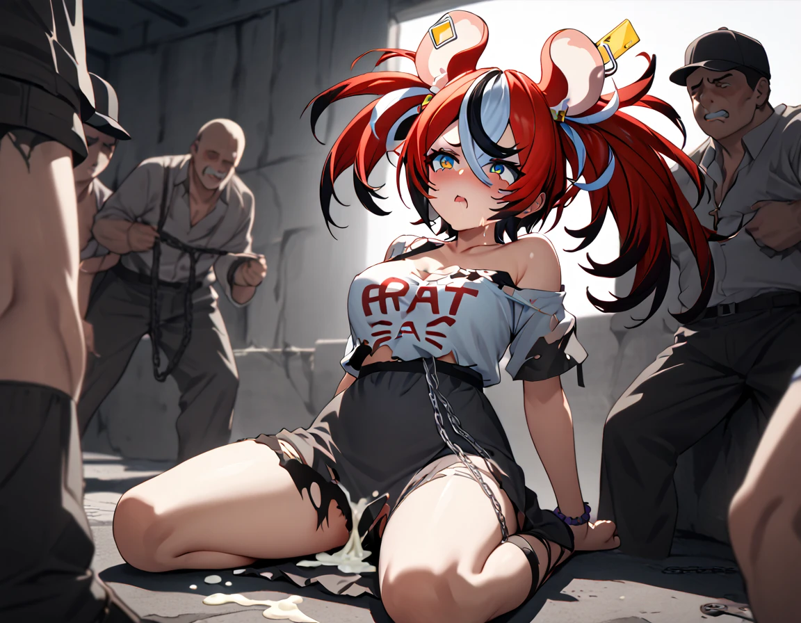 best quality,ultra detailed,extremely detailed and beautiful,perfect anatomy,perfect hands,gyaru,(hakos_baelz),mouse girl,embarrassed,blue eyes,red hair, ( streaked hair),white hair,black hair,twintails,mouse ears,Slave clothing,grey dress,Tattered clothes,strap slip,chain ,restrained,sit,torn clothing,one-piece rags,two-piece rags,Surrounded by men, , semen,excessive cum