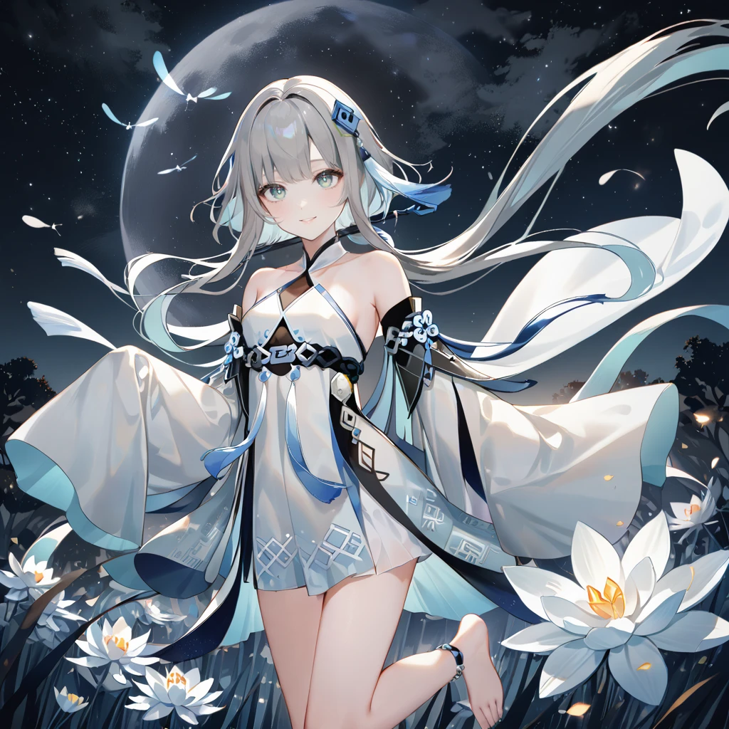 score_9, score_8_up, score_7_up, score_6_up,1girl, guizhong_\(genshin_impact\),(grey hair),short_hair_with_long_locks in front and low ponytail in back,gradient_hair,(pale grey eyes with seafoam gradient),starry_sky_print,detached_sleeves white outside blue starry inside, hands completely hidden by long sleeves,stunning field of softly glowing cerulean and white glaze lilies,night scene,gentle smile,face focus, eye focus,ladyshadow,moonlight,glossy lips,vivid anime coloring,cel shading,smooth, soft dreamy focus,anklet,halter_top,white clothes,highly detailed,digital painting,bare_shoulders,barefoot,cool night tones, magical night scene,geo crystalflies,professional,anemo colored fireflies,nebula of stardust and silvery vapor,harmonious blend of nature and art,transcendent beauty,awe-inspiring artwork,(best quality,4k,8k,highres,masterpiece:1.2),yunamaro,carnelian,dsmile,cosmic stardust,guizhong, guizhong's def clothes, 1girl, long hair, blue eyes, barefoot, guizhong's dress, hair ornament, chinese clothes, sleeves past fingers,