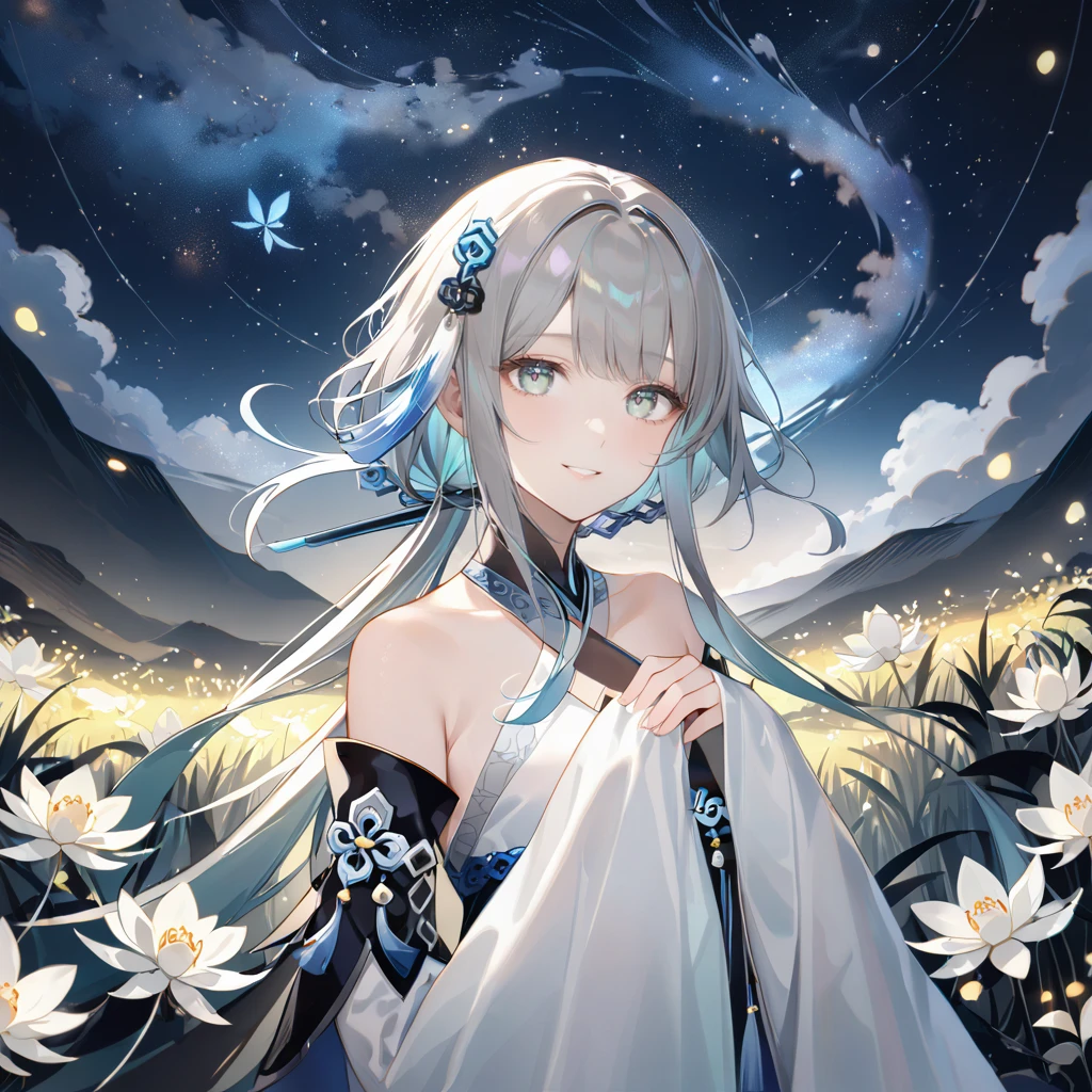 score_9, score_8_up, score_7_up, score_6_up,1girl, guizhong_\(genshin_impact\),(grey hair),short_hair_with_long_locks in front and low ponytail in back,gradient_hair,(pale grey eyes with seafoam gradient),starry_sky_print,detached_sleeves white outside blue starry inside, hands completely hidden by long sleeves,stunning field of softly glowing cerulean and white glaze lilies,night scene,gentle smile,face focus, eye focus,ladyshadow,moonlight,glossy lips,vivid anime coloring,cel shading,smooth, soft dreamy focus,anklet,halter_top,white clothes,highly detailed,digital painting,bare_shoulders,barefoot,cool night tones, magical night scene,geo crystalflies,professional,anemo colored fireflies,nebula of stardust and silvery vapor,harmonious blend of nature and art,transcendent beauty,awe-inspiring artwork,(best quality,4k,8k,highres,masterpiece:1.2),yunamaro,carnelian,dsmile,cosmic stardust,guizhong, guizhong's def clothes, 1girl, long hair, blue eyes, barefoot, guizhong's dress, hair ornament, chinese clothes, sleeves past fingers,