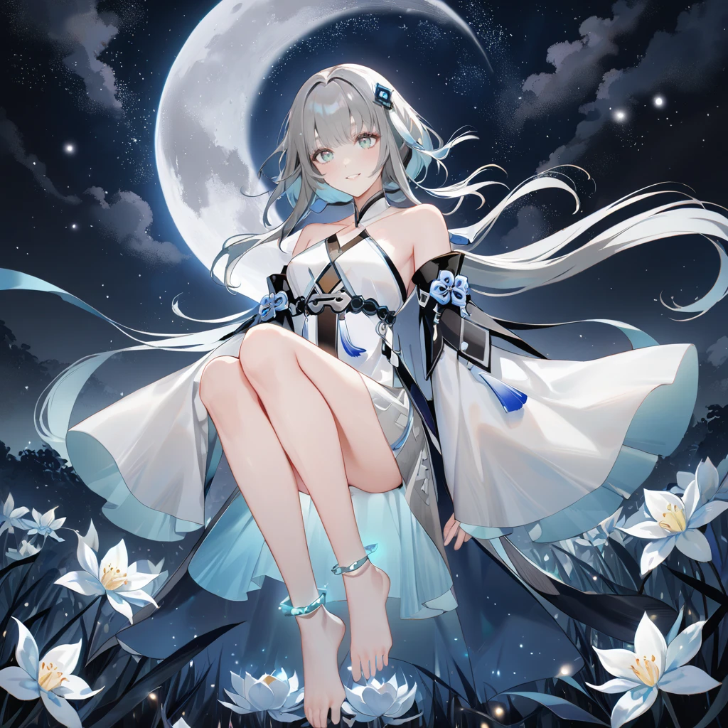 score_9, score_8_up, score_7_up, score_6_up,1girl, guizhong_\(genshin_impact\),(grey hair),short_hair_with_long_locks in front and low ponytail in back,gradient_hair,(pale grey eyes with seafoam gradient),starry_sky_print,detached_sleeves white outside blue starry inside, hands completely hidden by long sleeves,stunning field of softly glowing cerulean and white glaze lilies,night scene,gentle smile,face focus, eye focus,ladyshadow,moonlight,glossy lips,vivid anime coloring,cel shading,smooth, soft dreamy focus,anklet,halter_top,white clothes,highly detailed,digital painting,bare_shoulders,barefoot,cool night tones, magical night scene,geo crystalflies,professional,anemo colored fireflies,nebula of stardust and silvery vapor,harmonious blend of nature and art,transcendent beauty,awe-inspiring artwork,(best quality,4k,8k,highres,masterpiece:1.2),yunamaro,carnelian,dsmile,cosmic stardust,guizhong, guizhong's def clothes, 1girl, long hair, blue eyes, barefoot, guizhong's dress, hair ornament, chinese clothes, sleeves past fingers,