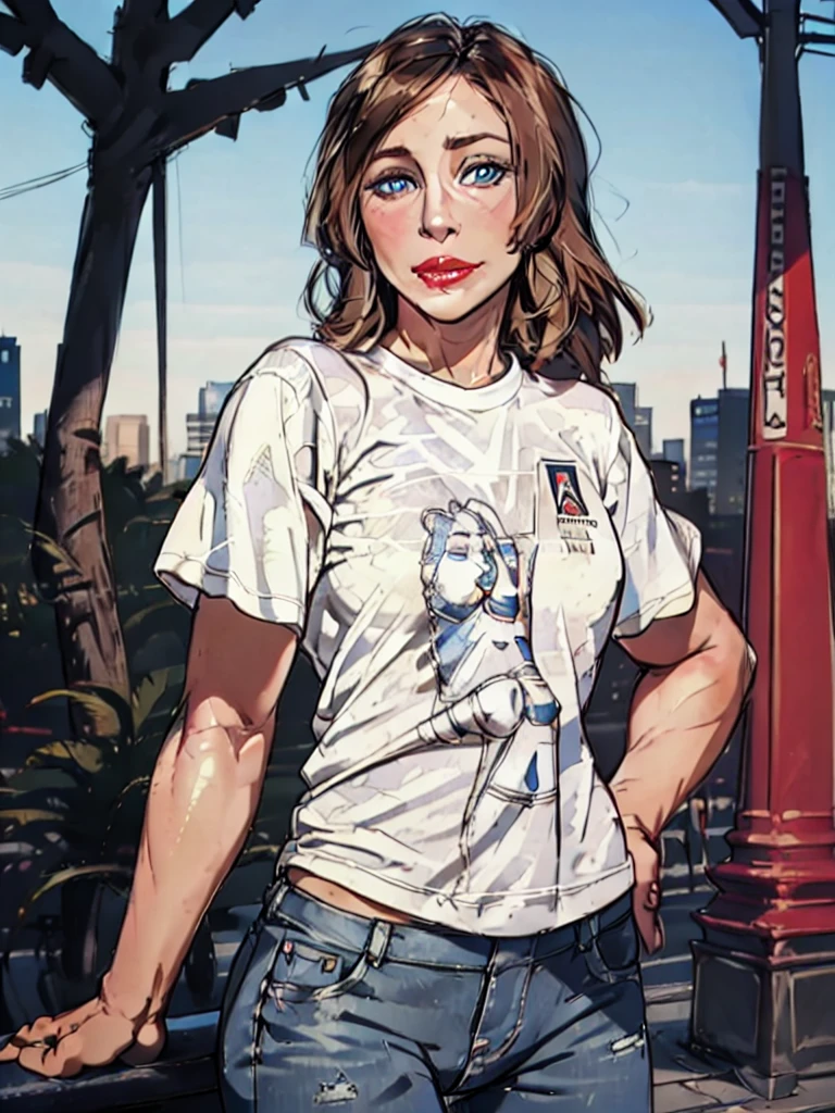 (((front view))). (((perfect anatomy, anatomically correct, super detailed skin))), v3r4f, Vera Farmiga. long hair, ((solo)), ((hourglass body,)), (alone). ((solo:1.5)),  ((city of Buenos Aires as background))), Obelisk in the background, big red lips, brown hair, 1 girl, ((white tshirt:1.5)), [[[(((big hips)))]]]], BREAK, (wearing jeans), waving, hourglass body, shiny skin, watching the viewer, beautiful hair, beautiful face, beautiful detailed eyes, blue eyes, babyface, , beautiful body,standing, (beautiful scenery), 8k, top quality, masterpiece​:1.2, extremely detailed), beautiful illustration, natural lighting, ,(high detailed skin:1.2)  