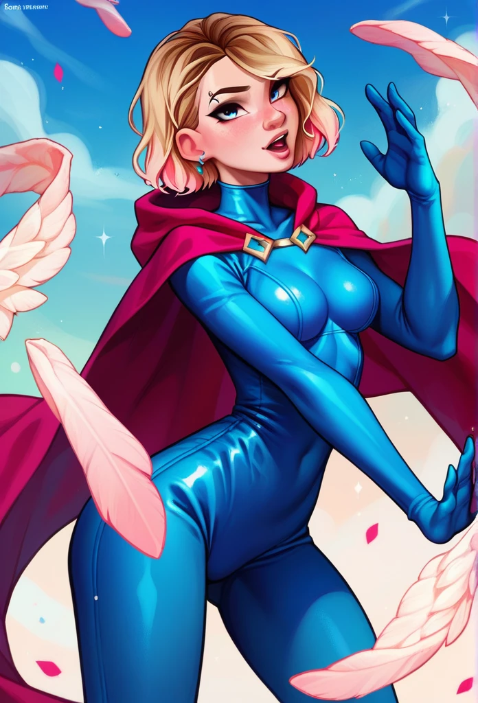 Girl with short blonde hair, blue eyes, wearing pink lipstick, Wearing a blue latex heroine costume, wearing a red cape, sensual pose, angelic face, Gwen Stacy 