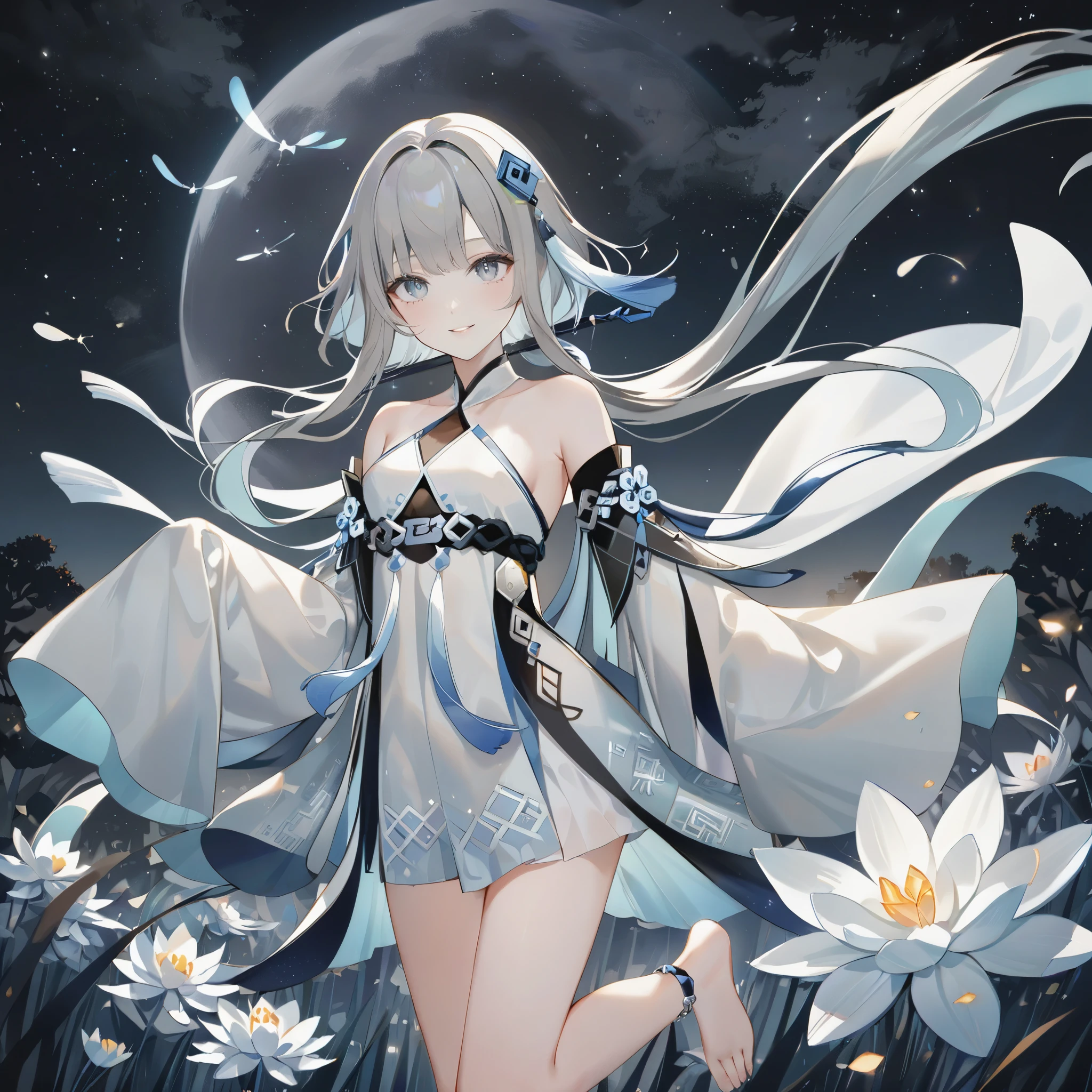 score_9, score_8_up, score_7_up, score_6_up,1girl, guizhong_\(genshin_impact\),(grey hair),short_hair_with_long_locks in front and low ponytail in back,gradient_hair,(pale grey eyes with seafoam gradient),starry_sky_print,detached_sleeves white outside blue starry inside, hands completely hidden by long sleeves,stunning field of softly glowing cerulean and white glaze lilies,night scene,gentle smile,face focus, eye focus,ladyshadow,moonlight,glossy lips,vivid anime coloring,cel shading,smooth, soft dreamy focus,anklet,halter_top,white clothes,highly detailed,digital painting,bare_shoulders,barefoot,cool night tones, magical night scene,geo crystalflies,professional,anemo colored fireflies,nebula of stardust and silvery vapor,harmonious blend of nature and art,transcendent beauty,awe-inspiring artwork,(best quality,4k,8k,highres,masterpiece:1.2),yunamaro,carnelian,dsmile,cosmic stardust,guizhong, guizhong's def clothes, 1girl, long hair, blue eyes, barefoot, guizhong's dress, hair ornament, chinese clothes, sleeves past fingers,