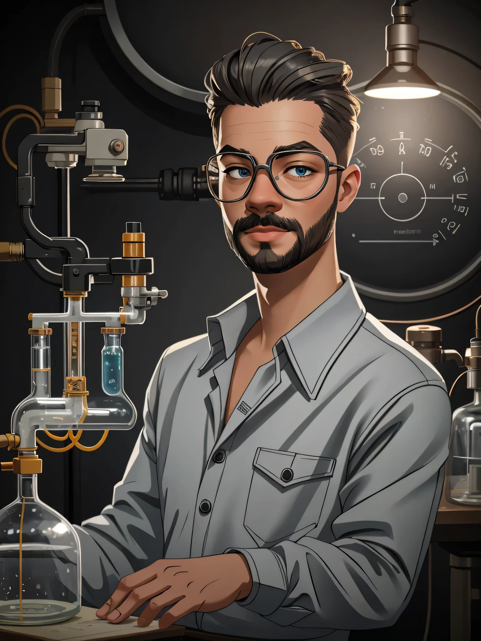 a man in a 1940s dieselpunk-themed science lab, wearing a safety goggles, button-up shirt, and a surgical mask, with a flower on his head and a triple bun hairstyle, looking at the viewer with detailed facial features and a beard with gray fade, in a worm's eye angle RAW photo with a fantastical science lab background containing biology equipment like an autoclave and a DNA model, with a blackboard, hands on face, detailed skin, 8K UHD, DSLR, soft lighting, high quality, film grain, and AfterEffects