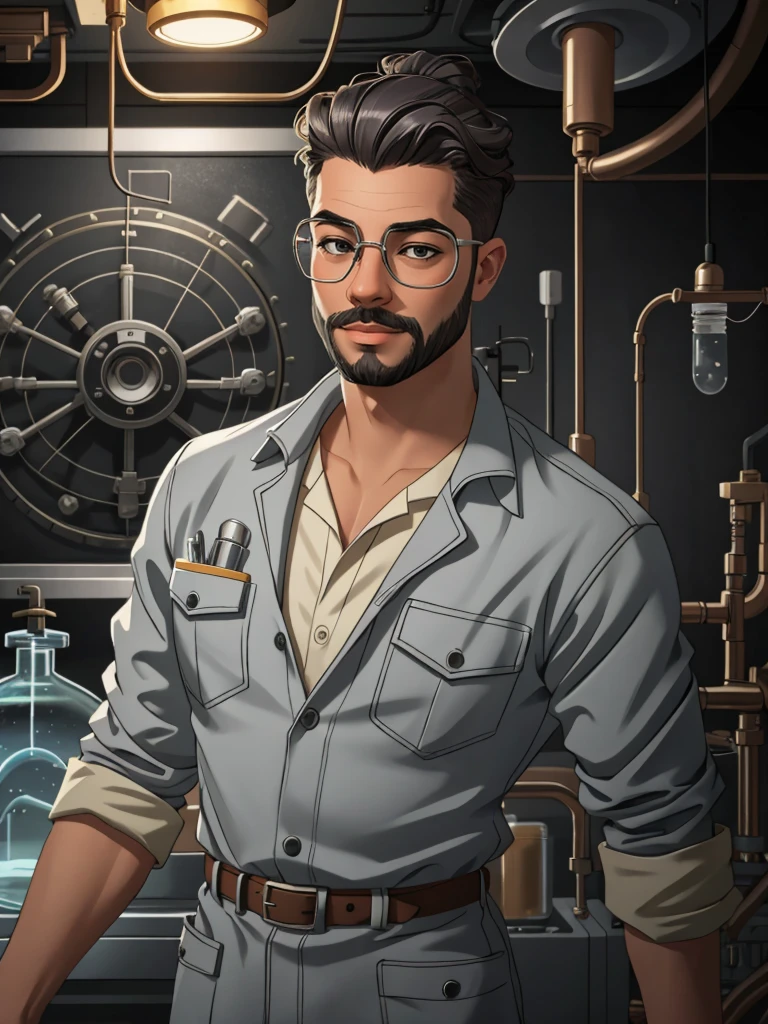 a man in a 1940s dieselpunk-themed science lab, wearing a safety goggles, button-up shirt, and a surgical mask, with a flower on his head and a triple bun hairstyle, looking at the viewer with detailed facial features and a beard with gray fade, in a worm's eye angle RAW photo with a fantastical science lab background containing biology equipment like an autoclave and a DNA model, with a blackboard, hands on face, detailed skin, 8K UHD, DSLR, soft lighting, high quality, film grain, and AfterEffects