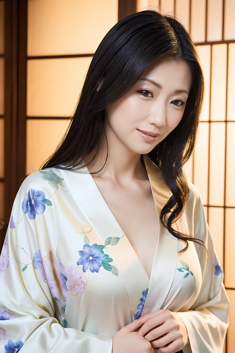 (Highest quality、Tabletop、8k、Best image quality、Award-winning works)、(One beautiful mature woman:1.1)、Adult face、(Innkeeper:1.1)、(Elegant floral kimono:1.2)、(V-neck collar:1.1)、(Cleavageが露わになる:1.2)、(Kimono that shows the chest:1.3)、(Cleavage:1.5)、(Open the chest:1.3)、(Large Breasts:1.4)、(Large Breastsの谷間を露出する:1.5)、Perfect mature woman portrait photo、Glowing Skin、Standing Elegantly、(Blurred elegant and exquisite perfect Japanese style room background:1.3)、(The most natural and perfect tidy Japanese style room background:1.2)、Glowing White Skin、Very white skin、(Accentuate your body lines:1.1)、(The most graceful posture:1.2)、A perfect smile、Perfect beautiful glossy lips、(Accurate anatomy:1.1)、(A perfect and elegant outfit:1.1)、(Standing with good posture:1.1)、(Face close-up:1.1)、(Front facing body:1.2)、White floral kimono