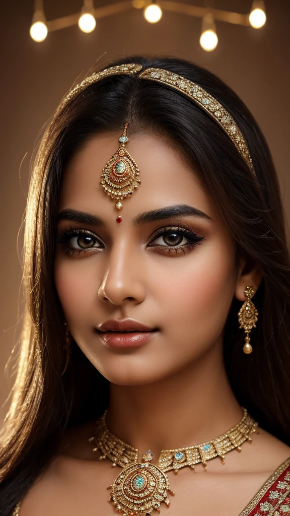 ((masterpiece: 1.2)), beautiful and aesthetic girl, ((1girl)), extreme detailed, highest detailed image, ((detailed eyes, lips)), ((light particles)), jewellery, sexy, Indian, Full shot.