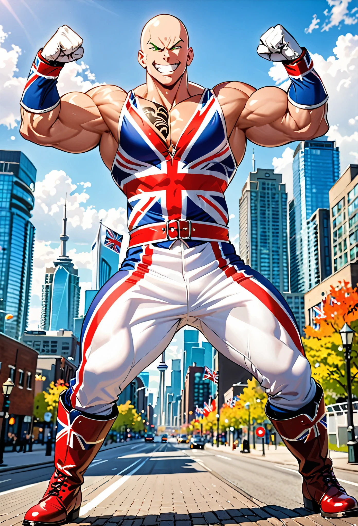 (obra maestra), (mejor calidad), (alta resolución), 1 chico, solo, Solo enfoque, enfoque masculino, Cabeza calva, ojos verdes, cuerpo completo, británico, muscular, pectorals, Union Jack wrestling outfit, pantalones hasta el muslo, botas blancas, botas a juego, guantes blancos, guantes a juego, Union Jack \(tatuaje\) en el pecho. pose de flexión dinámica, flexionando sus músculos, mirada engreída, gran sonrisa, dientes apretados, estilo semi-caricatura, telón de fondo de la ciudad de Toronto, tiempo de día, tiro de vaquero, puños cerrados.