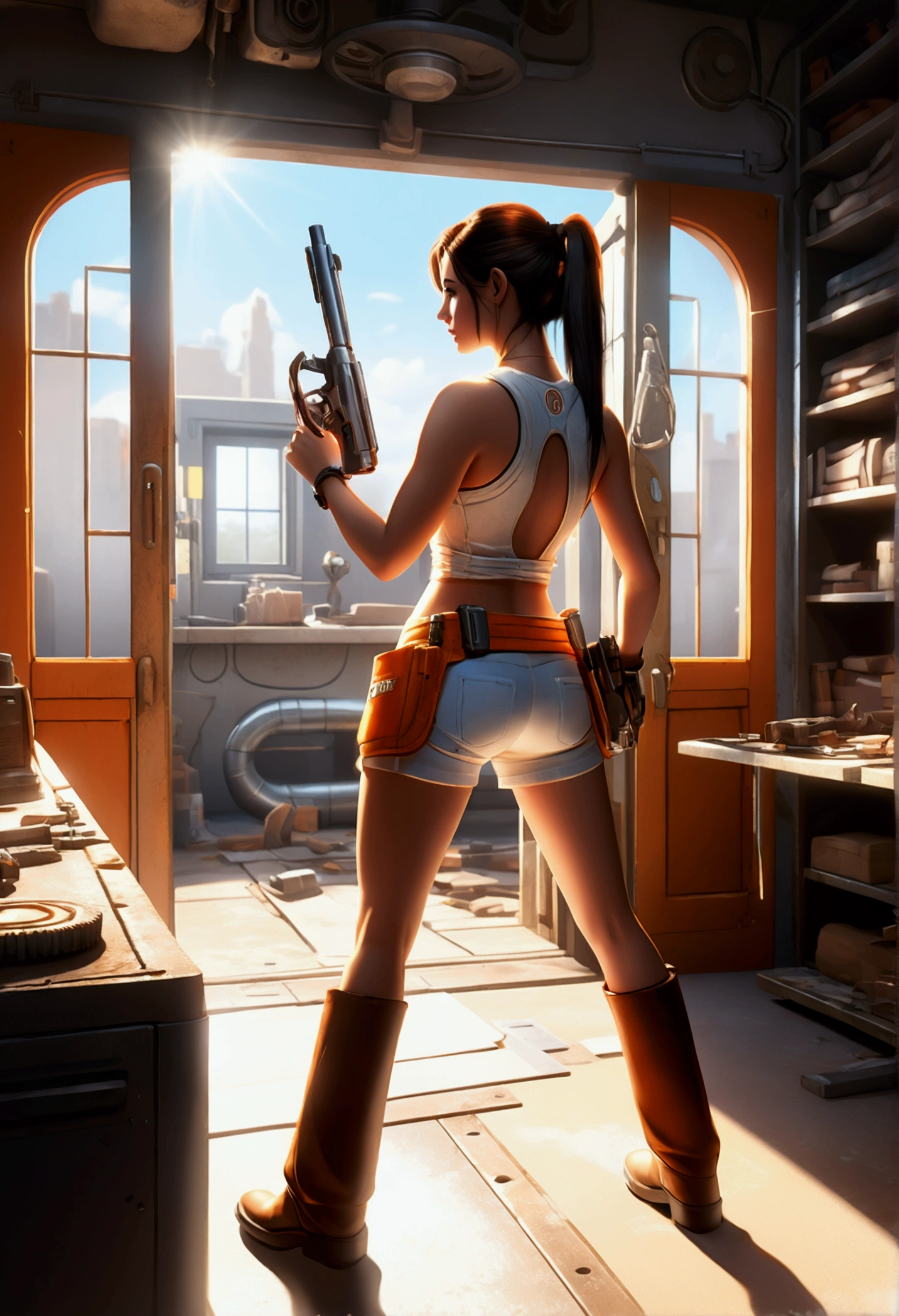 chell, Horse tail, sleeveless, clothing around the waist, Clean a portal gun on a workbench., Bright morning sunlight shining through the window. (stylezrpg) (masterpiece:1.2) (illustration:1.2) (Best Quality:1.2) (detailed) (Intricate) (8k) (HdR) (cinematic lighting) (sharp focus)