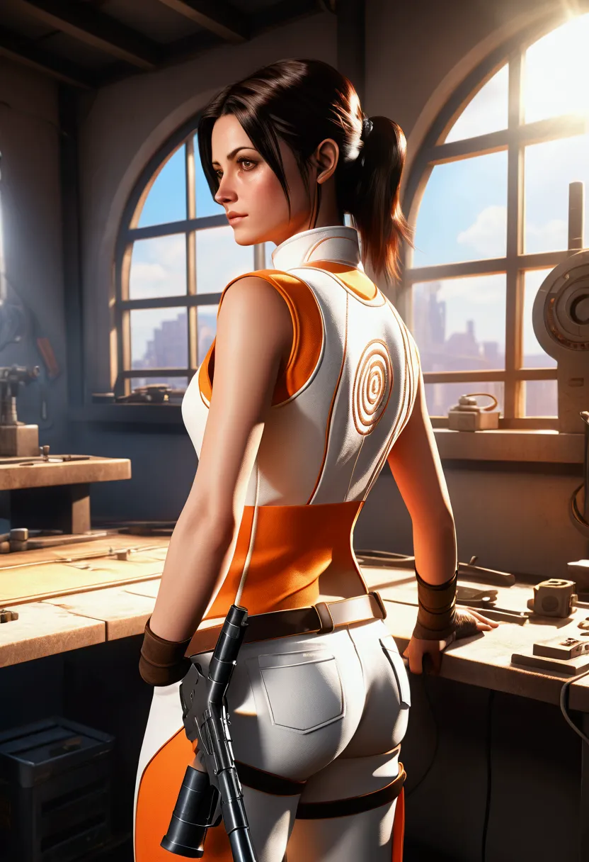 chell, horse tail, sleeveless, clothing around the waist, clean a portal gun on a workbench., bright morning sunlight shining th...